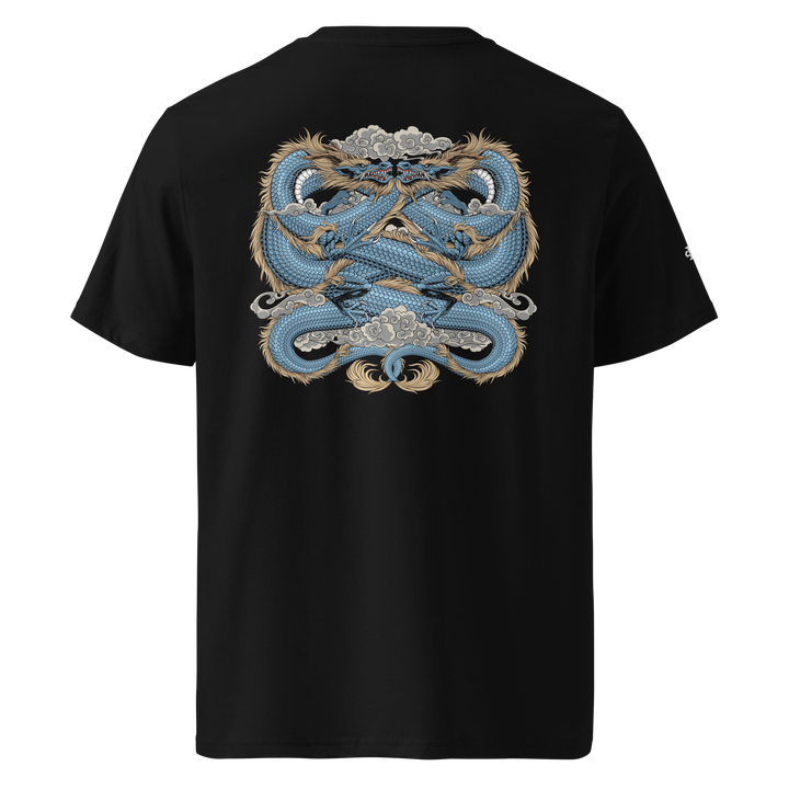 Black Boundless Unity Graphic Tee featuring a back print of two coiled dragons, inspired by Japanese Irezumi tattoo art