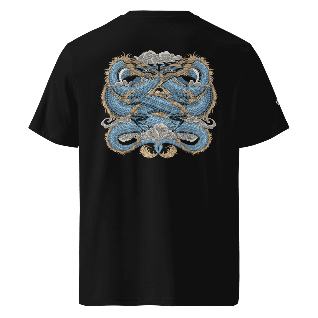 Black Boundless Unity Graphic Tee featuring a back print of two coiled dragons, inspired by Japanese Irezumi tattoo art