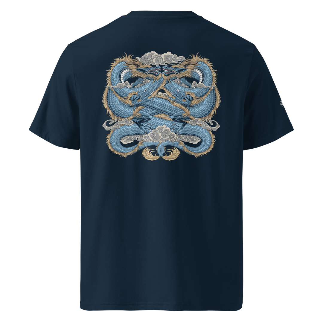 French Navy Boundless Unity Graphic Tee featuring a back print of coiled dragons, perfect for lovers of Japanese Irezumi-inspired streetwear