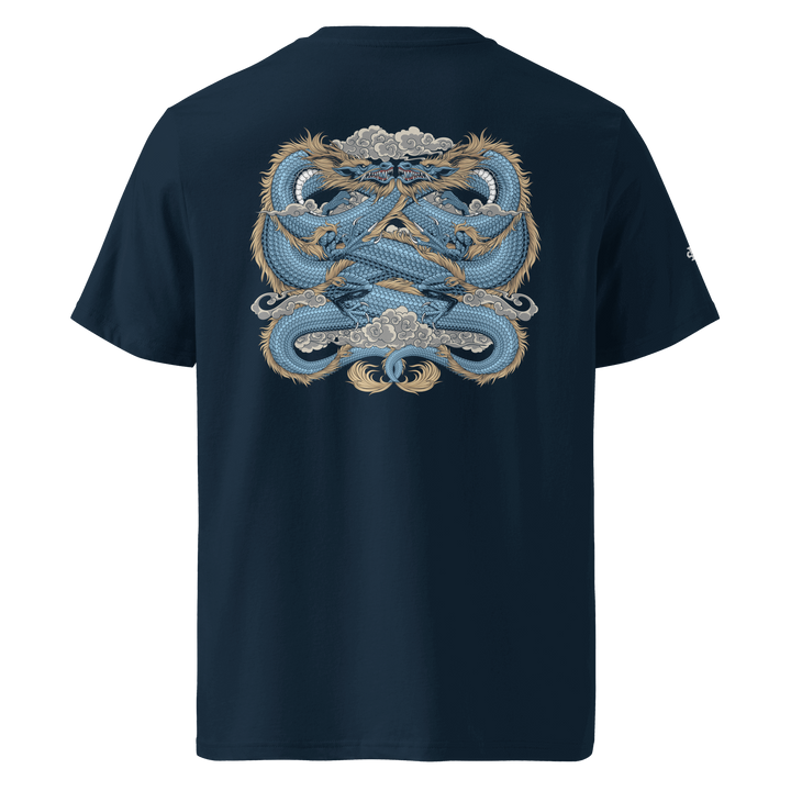 French Navy Boundless Unity Graphic Tee featuring a back print of coiled dragons, perfect for lovers of Japanese Irezumi-inspired streetwear