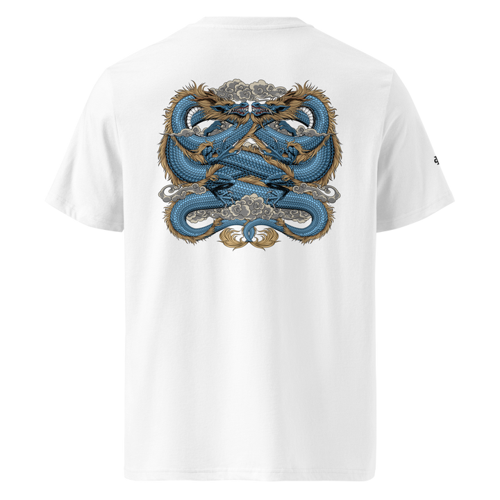 White Boundless Unity Graphic Tee featuring a back print of two dragons, blending streetwear with Japanese tattoo symbolism