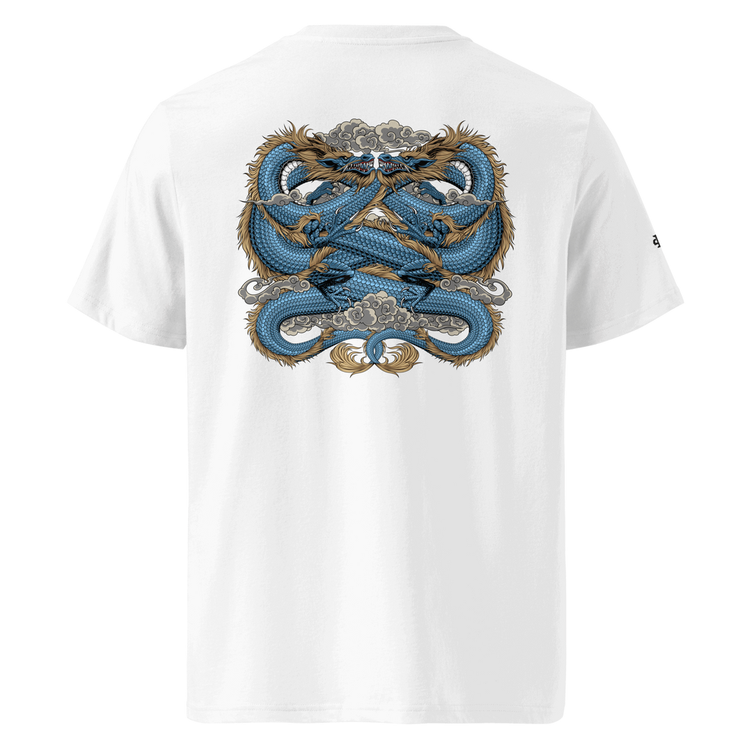 White Boundless Unity Graphic Tee featuring a back print of two dragons, blending streetwear with Japanese tattoo symbolism