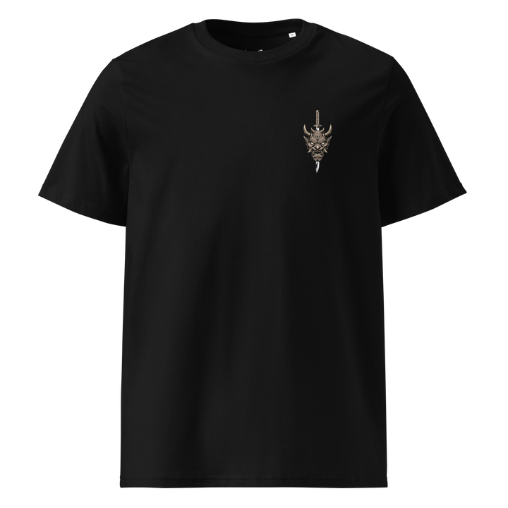 A premium black t-shirt featuring a bronze Oni mask with horns and a blade piercing through it, positioned on the left chest.