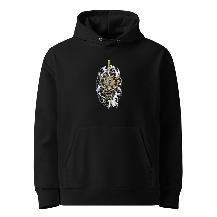 Bronzed Oni Mask Hoodie – Front center print featuring a gold-bronze samurai-inspired oni mask with swirling smoke on a black hoodie.