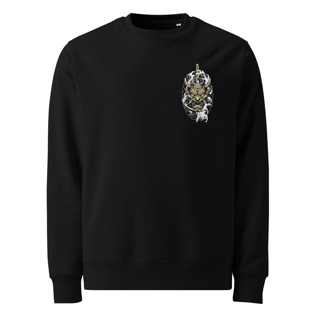 Bronzed Oni Mask Sweatshirt – Left chest print featuring a golden-bronze Oni mask with katana and traditional Japanese Irezumi waves on a black sweatshirt.