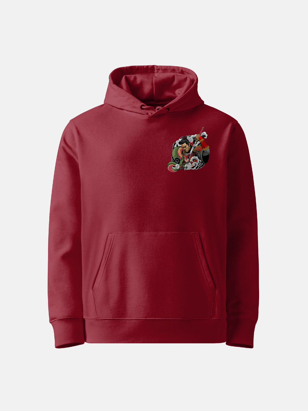 burgundy hoodie of Front view with small samurai and serpent chest detail