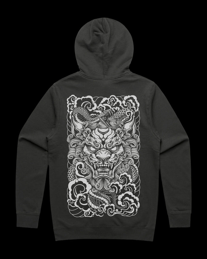 Japanese Tattoo Hoodie with large back print of Komainu head coiled by snake in Neo Japanese Irezumi style