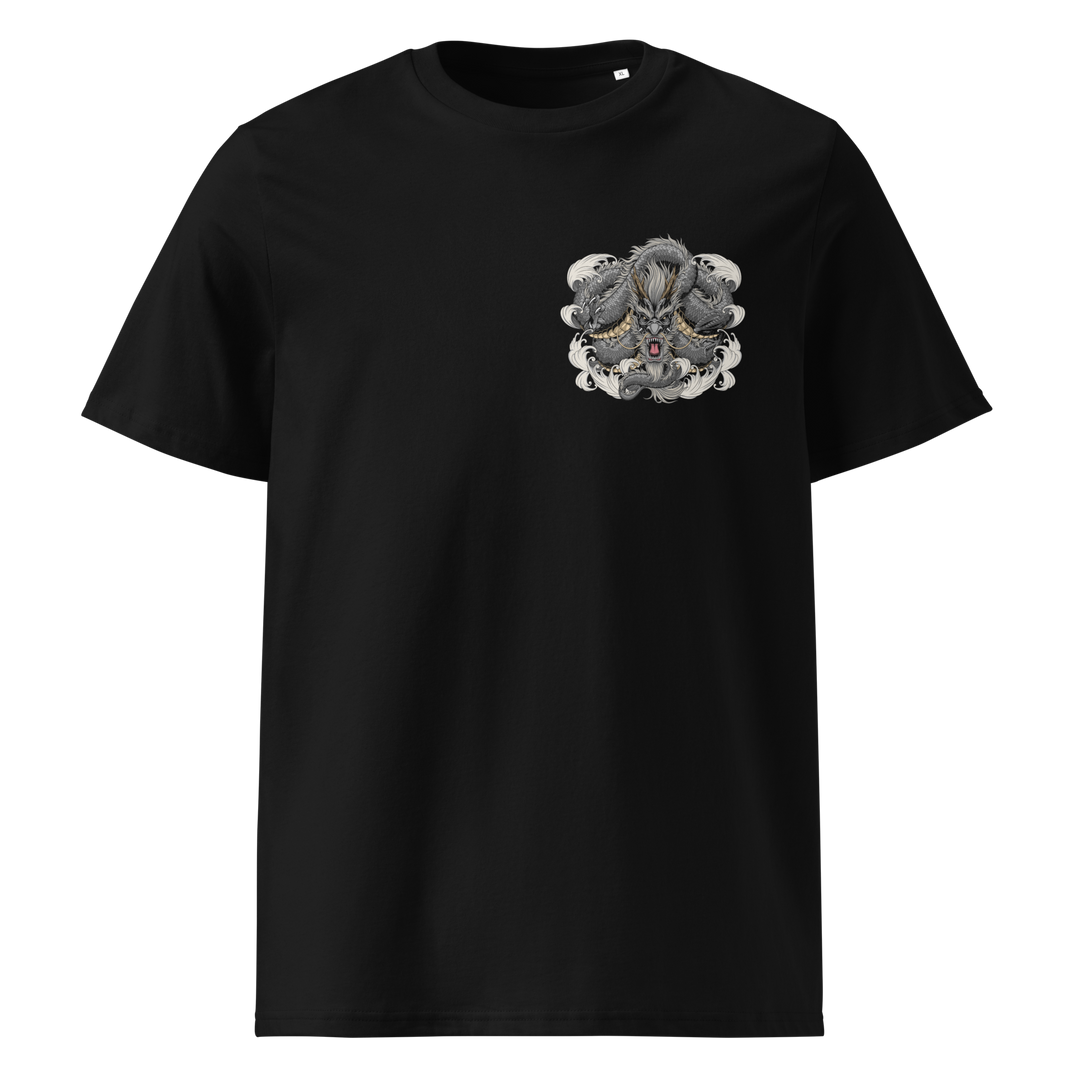 A premium black t-shirt featuring a charcoal coiled dragon design surrounded by swirling clouds, positioned on the left chest.