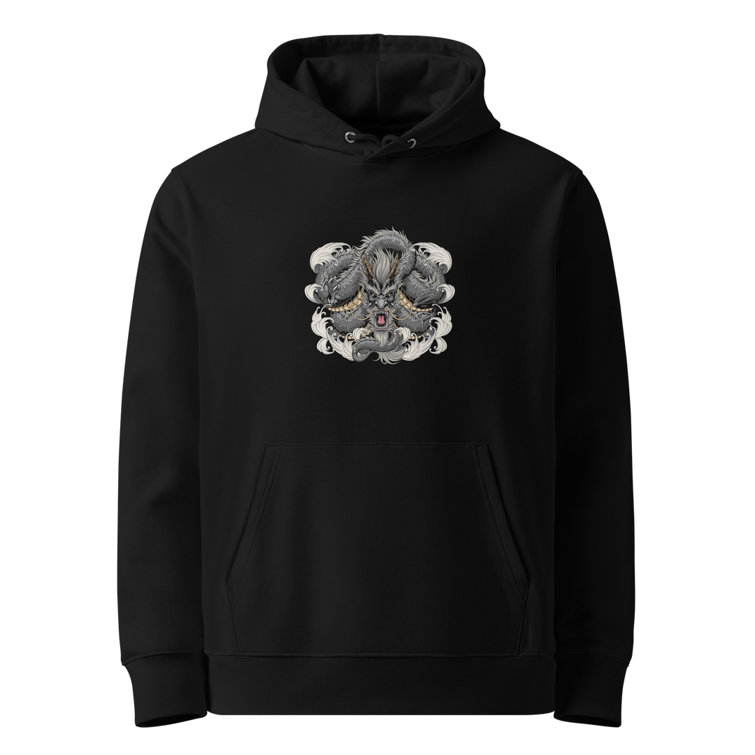 Charcoal Coiled Dragon Hoodie featuring a front print of a detailed charcoal dragon in a circular Irezumi-inspired design.