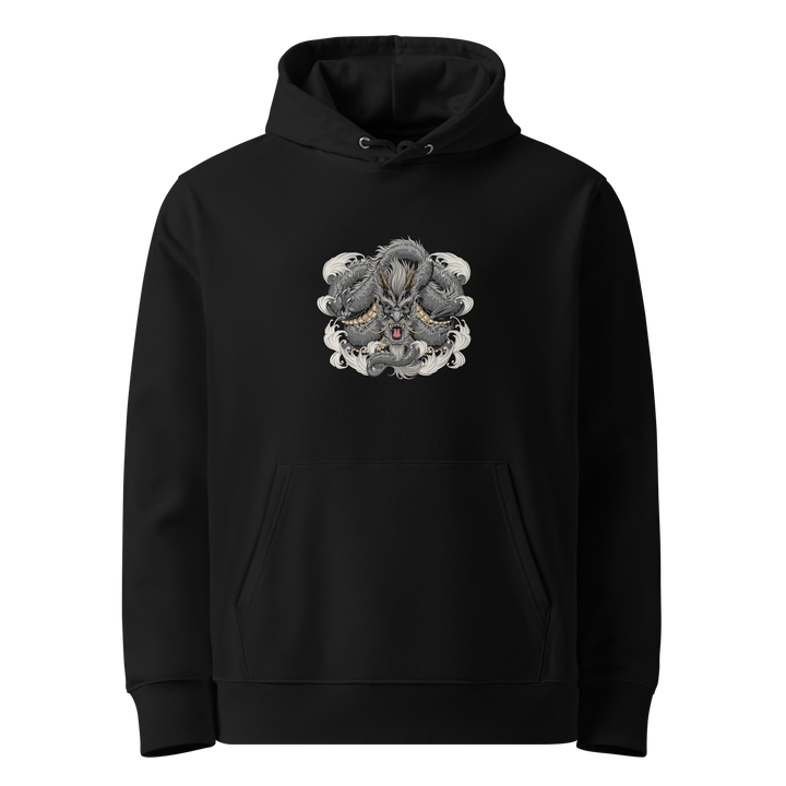 Charcoal Coiled Dragon Hoodie featuring a front print of a detailed charcoal dragon in a circular Irezumi-inspired design.