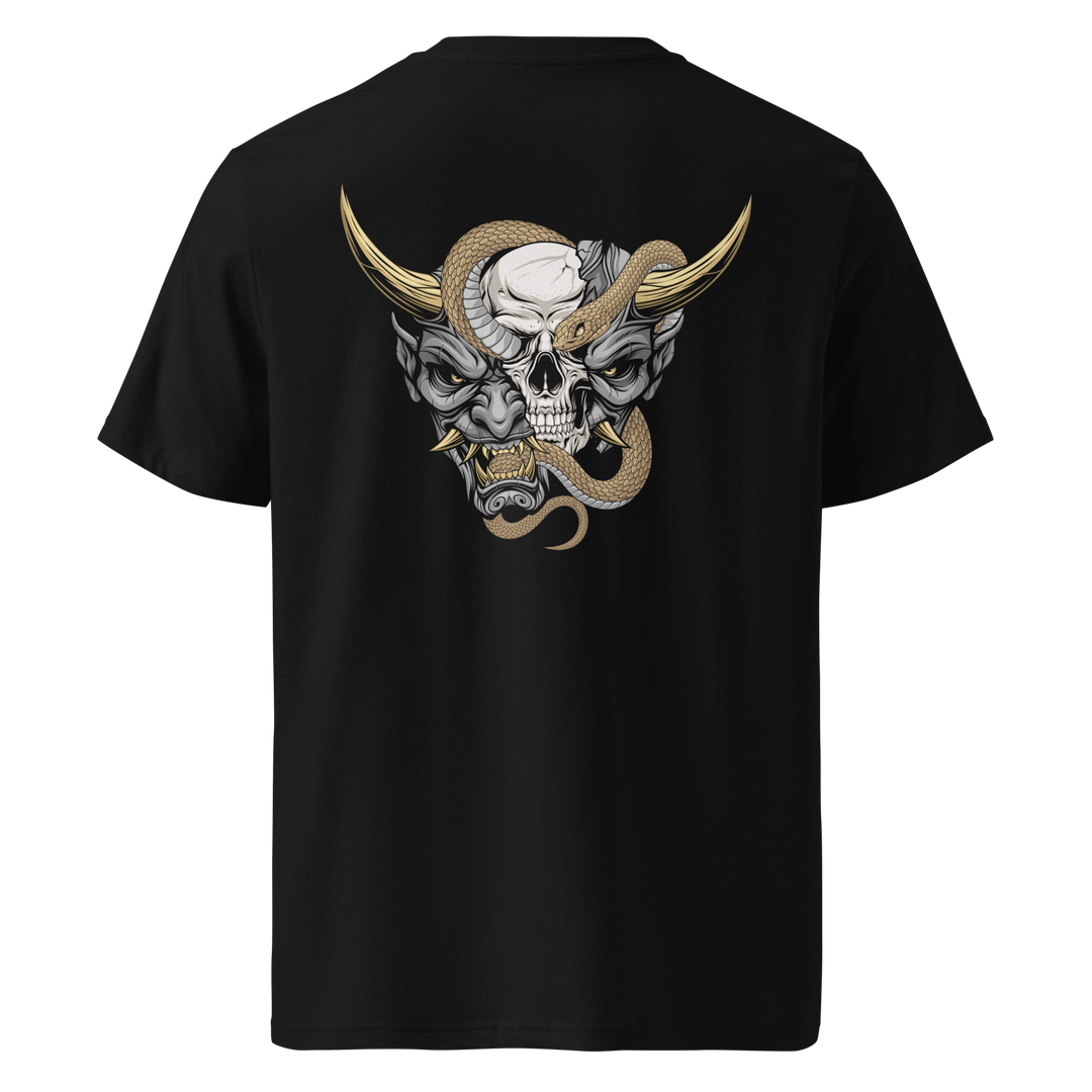 Charcoal Oni Mask design on the back of a black t-shirt, showcasing a split mask revealing a skull and a golden coiled snake, inspired by Japanese tattoo art.