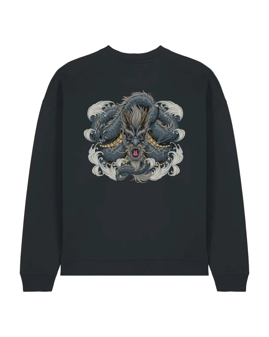 black oversized sweatshirt with dragon print on back