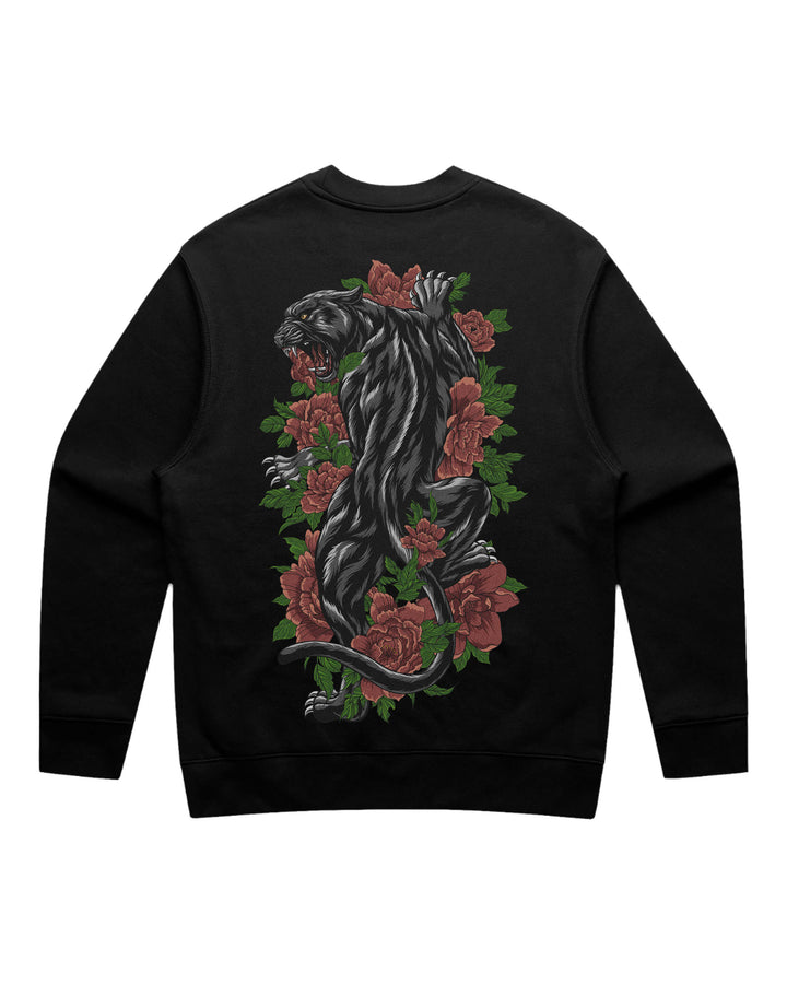 Black sweatshirt with a panther and floral design on the back against a white background