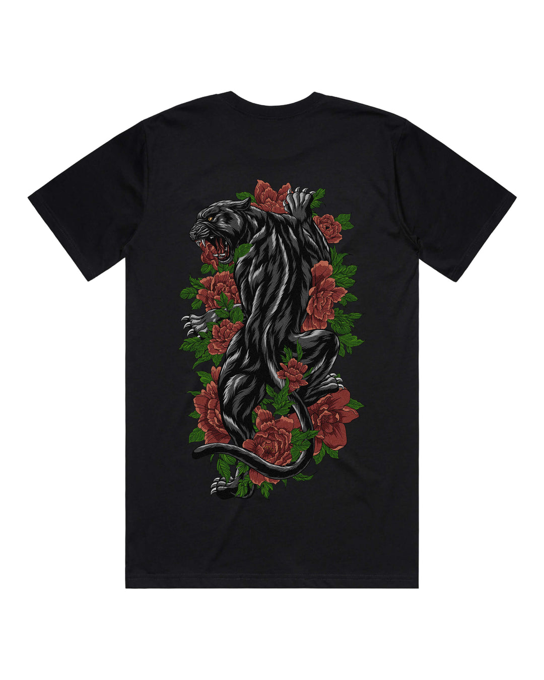 Black graphic t-shirt with large climbing panther back print