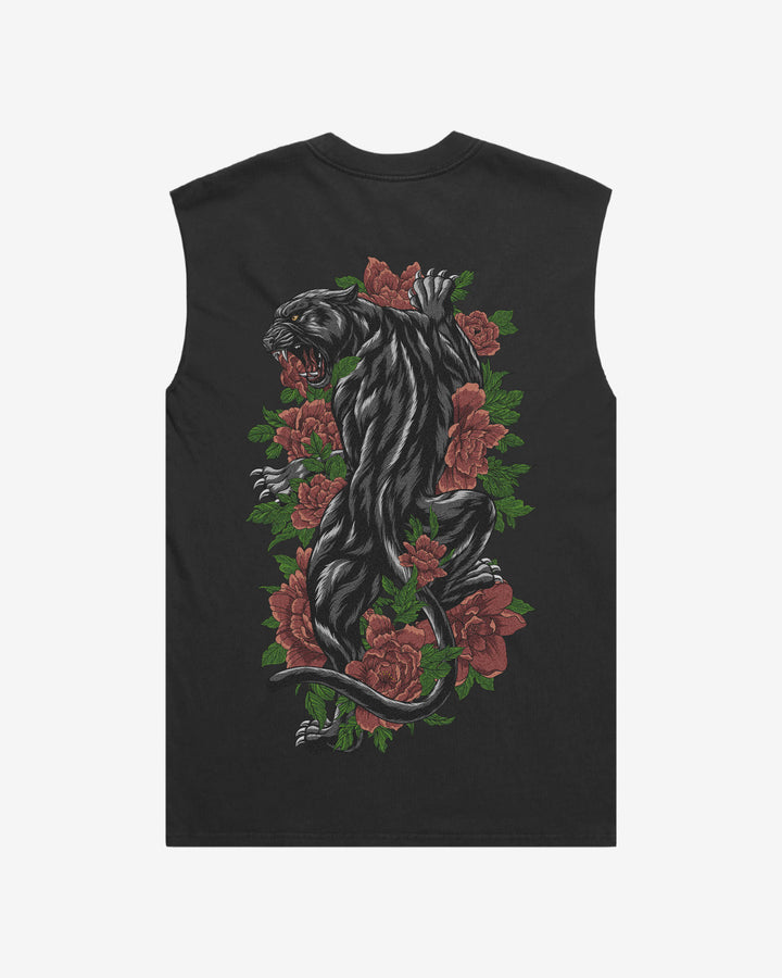 Climbing Panther Faded Oversized Graphic Tank Top With Large Tattoo Inspired Graphic Print