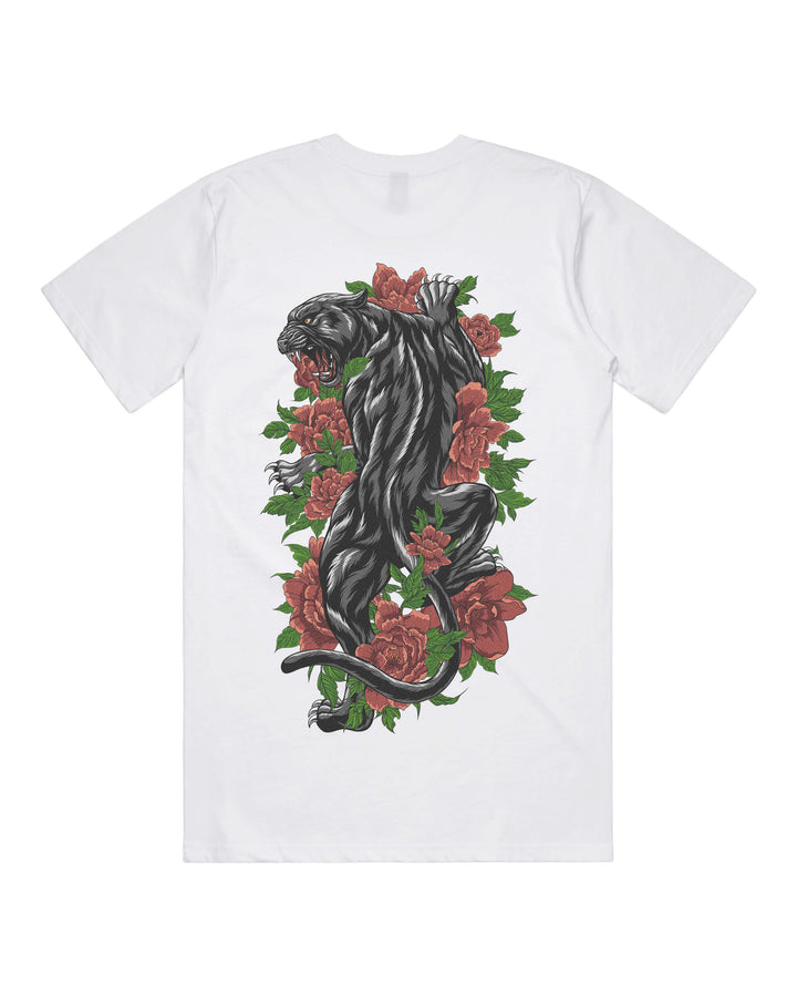 White graphic t-shirt with large climbing panther back print
