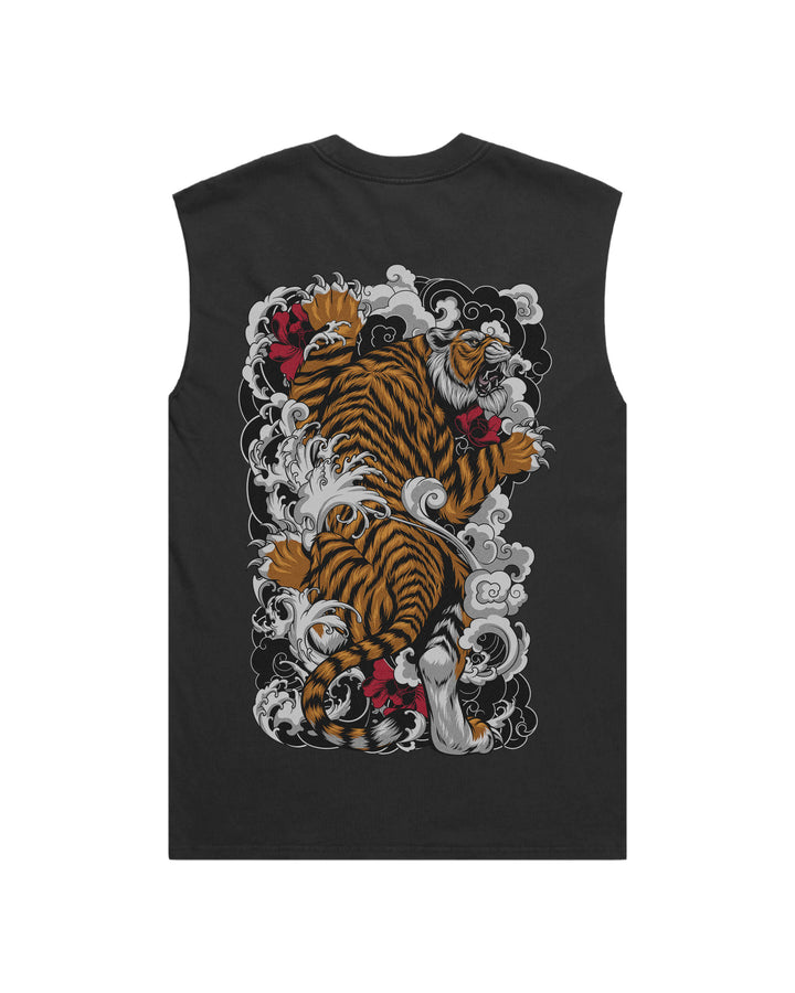Climbing Tiger Faded black men’s graphic tank top features original in-house artwork inspired by Irezumi. The design combines tiger and waves, drawing from Japanese tattoo art, folklore and traditional illustration.