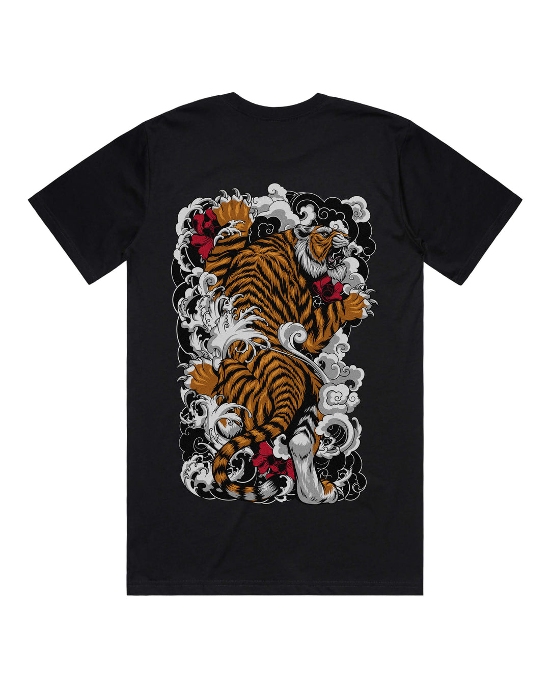 Black graphic t-shirt with large tattoo inspired climbing tiger back print