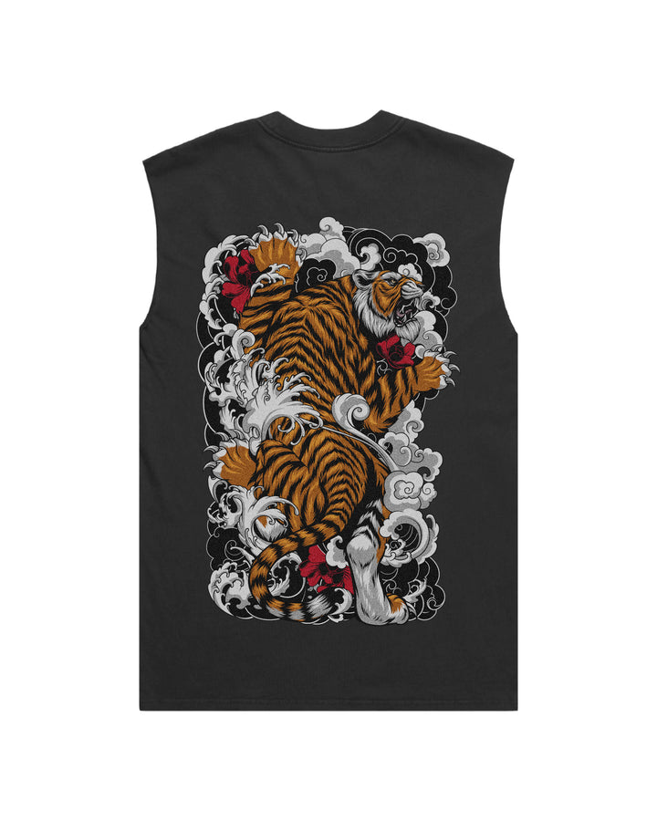 Faded black tank top with original in-house irezumi climbing tiger print