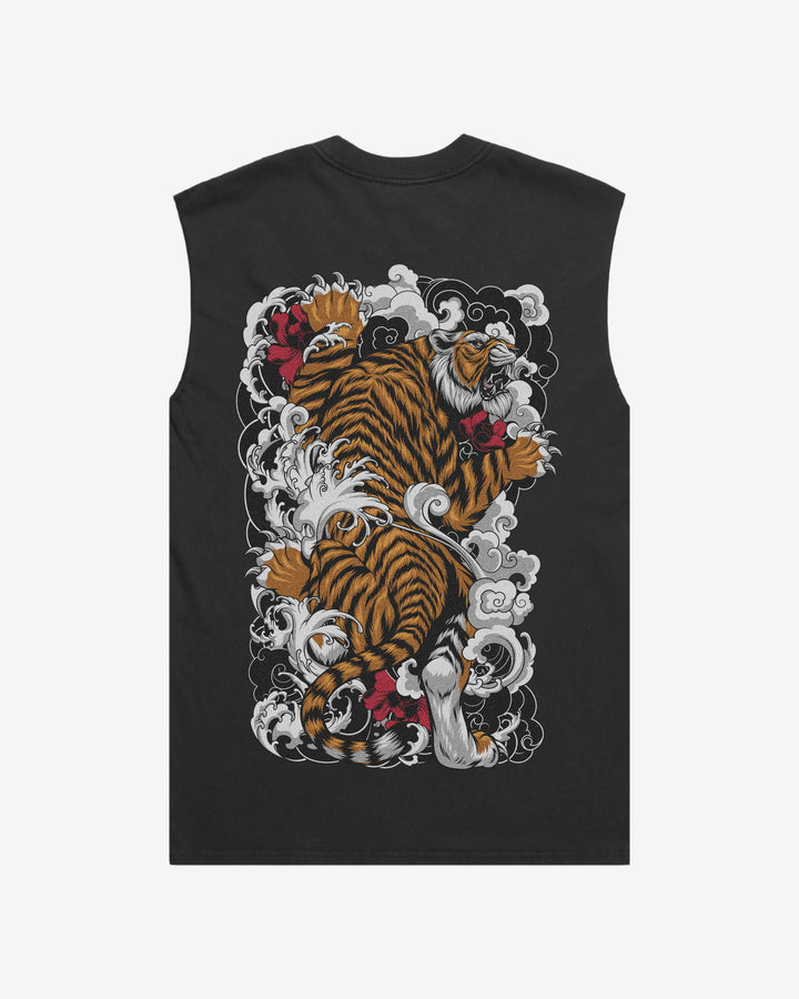 Climbing Tiger Faded Oversized Graphic Tank Top With Large Tattoo Inspired Graphic Print