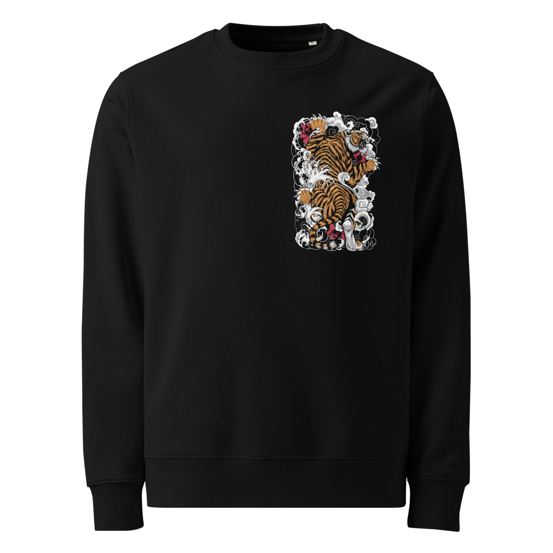 Black sweatshirt with a left chest print of a climbing tiger surrounded by swirling clouds and red floral accents, inspired by Japanese art.