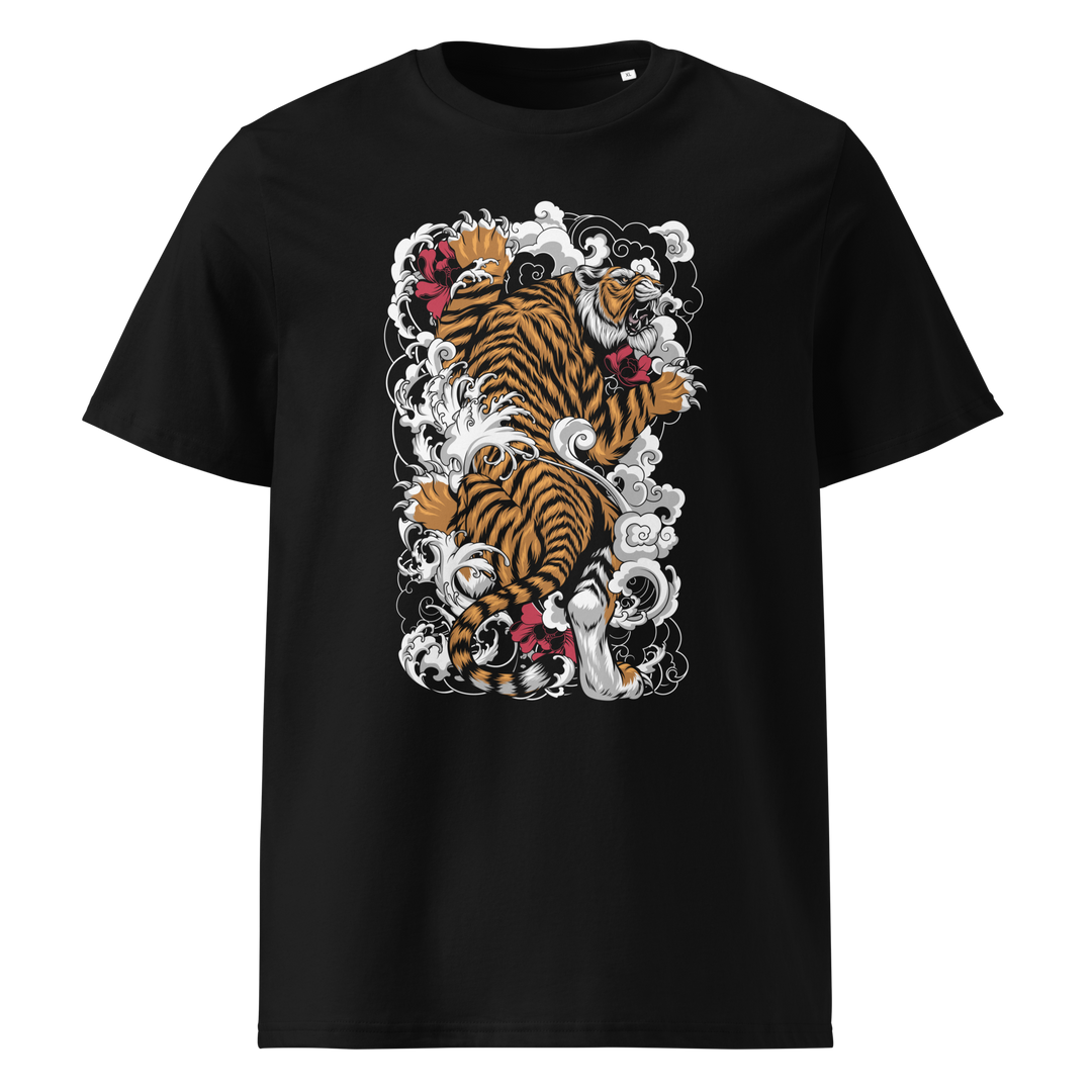 Black t-shirt with a large front print of a tiger climbing through swirling clouds, accented by red flowers, in a bold and artistic design.