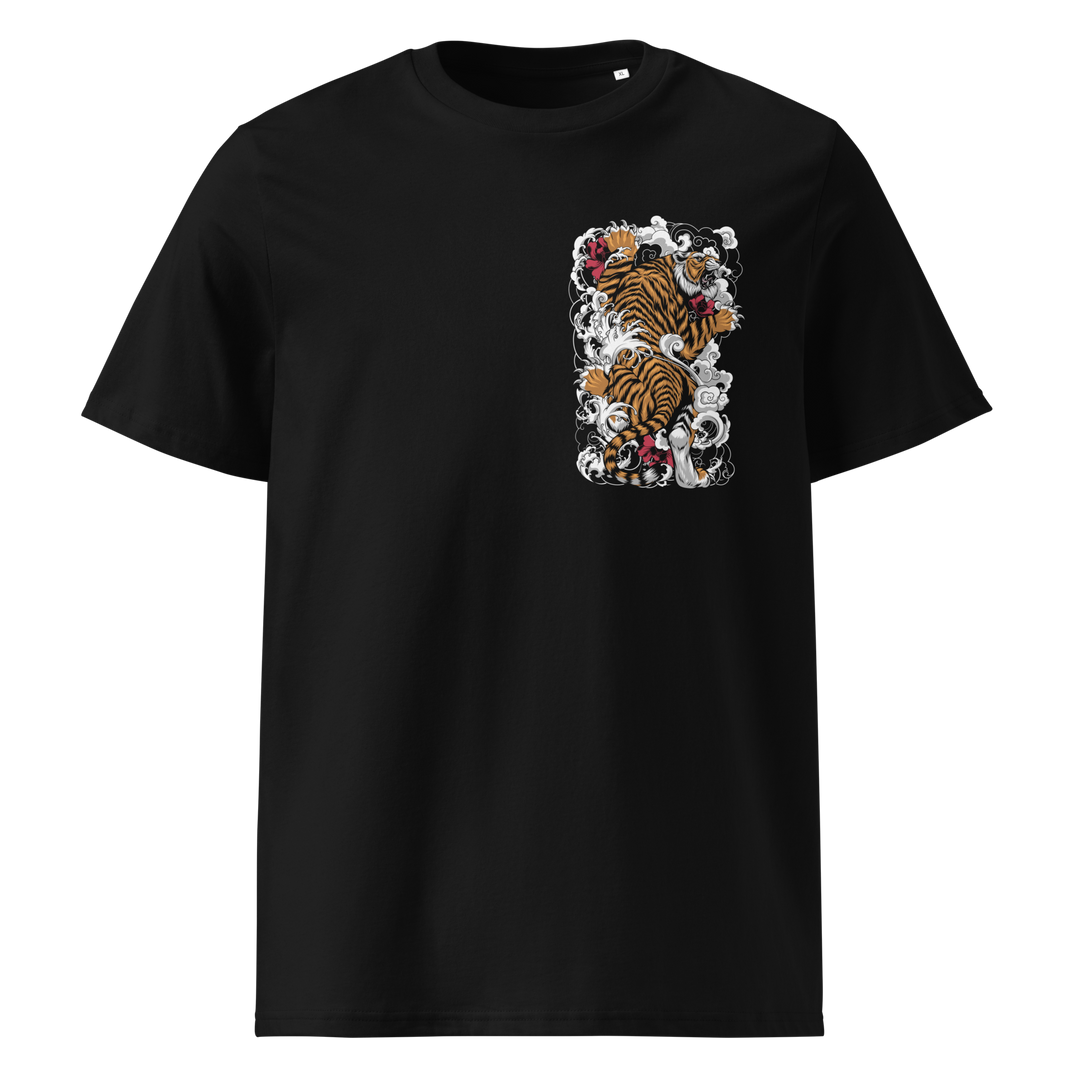 Black t-shirt with a detailed left chest print featuring a climbing tiger surrounded by swirling clouds and vibrant floral elements.