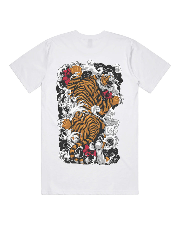 White graphic t-shirt with large tattoo inspired climbing tiger back print