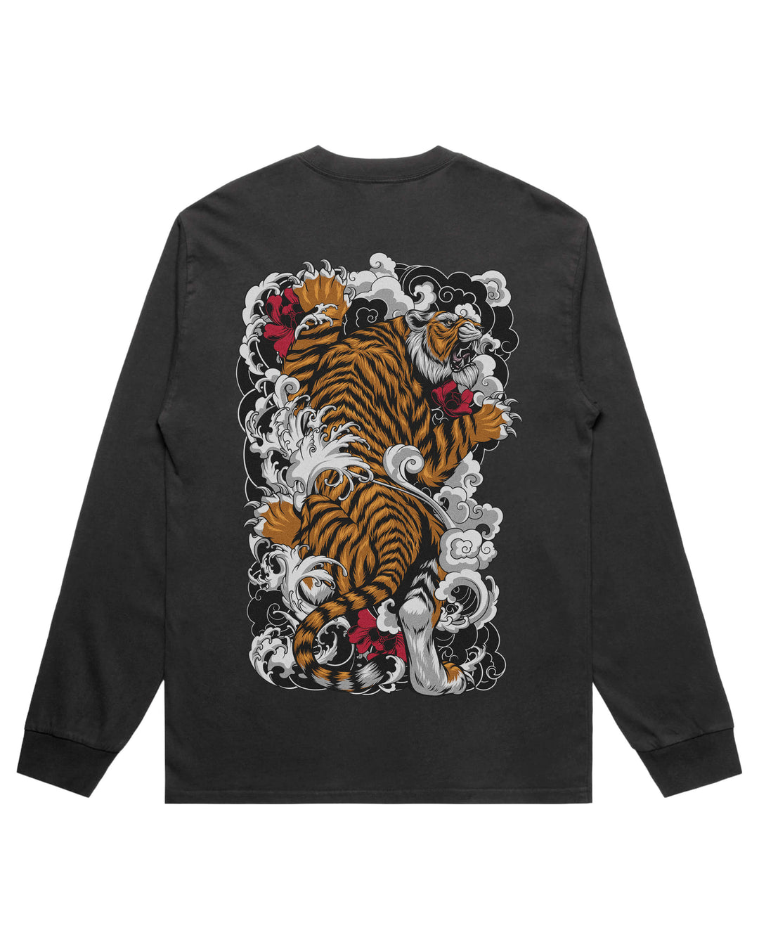 A black long-sleeve t-shirt with a large graphic print of a climbing roaring tiger amidst stylized white clouds and red roses on the back, shown against a plain white background.