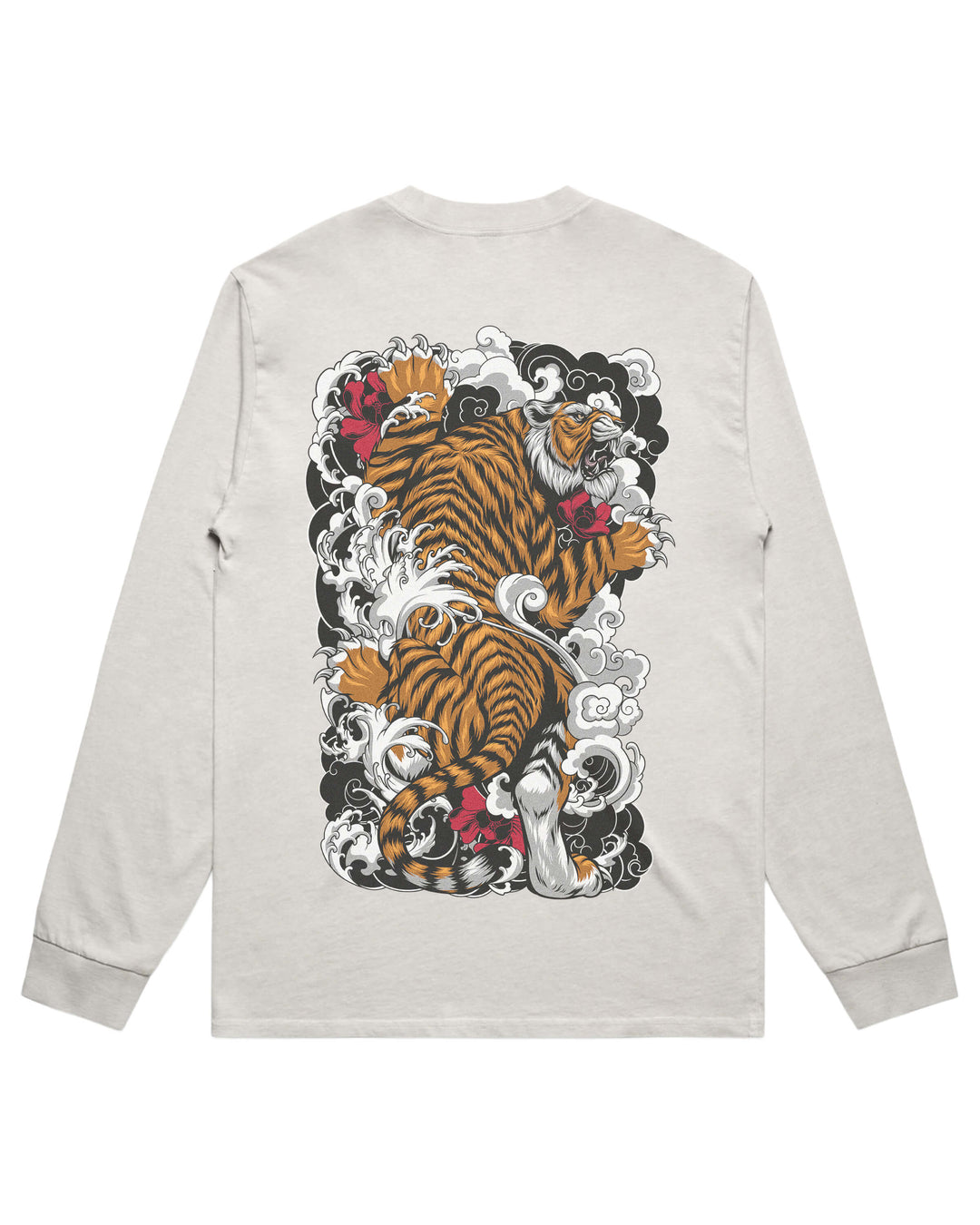 A faded bone long-sleeve t-shirt shown from the back, featuring a large graphic print of climbing tiger amidst stylized black and white clouds and red roses.