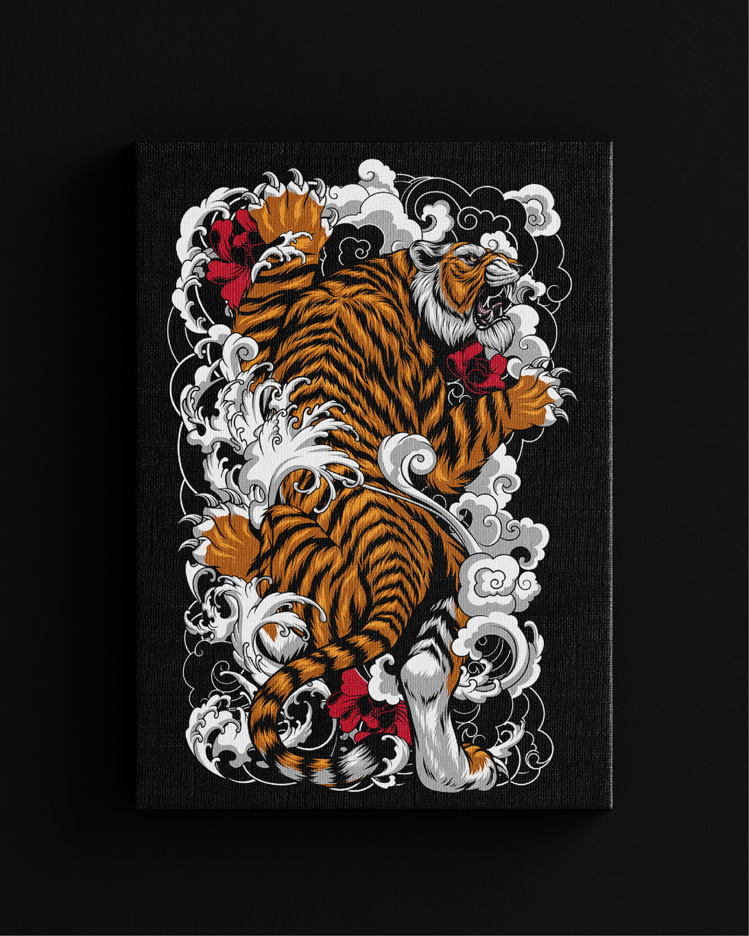 Tiger design with floral elements on a black background canvas