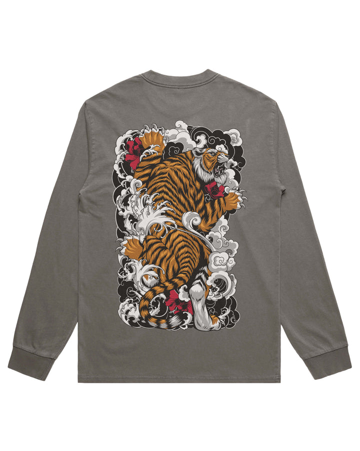 A long-sleeve t-shirt in dark gray, featuring a large graphic print on the back of a roaring tiger surrounded by stylized white waves and red roses.