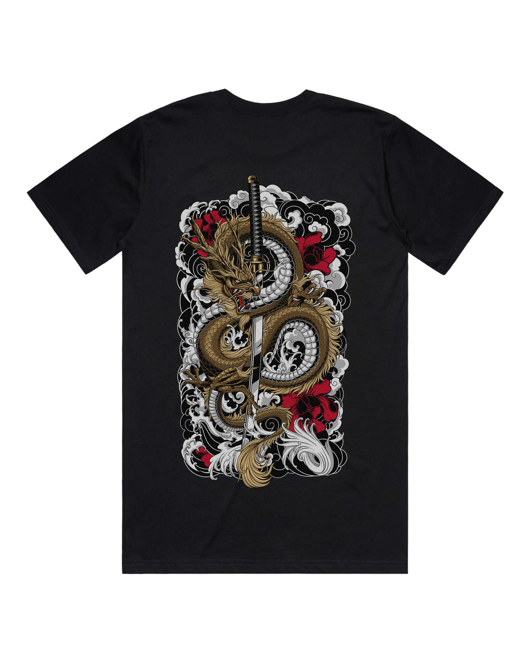 Black graphic t-shirt with large gold dragon coiled around katana sword back print