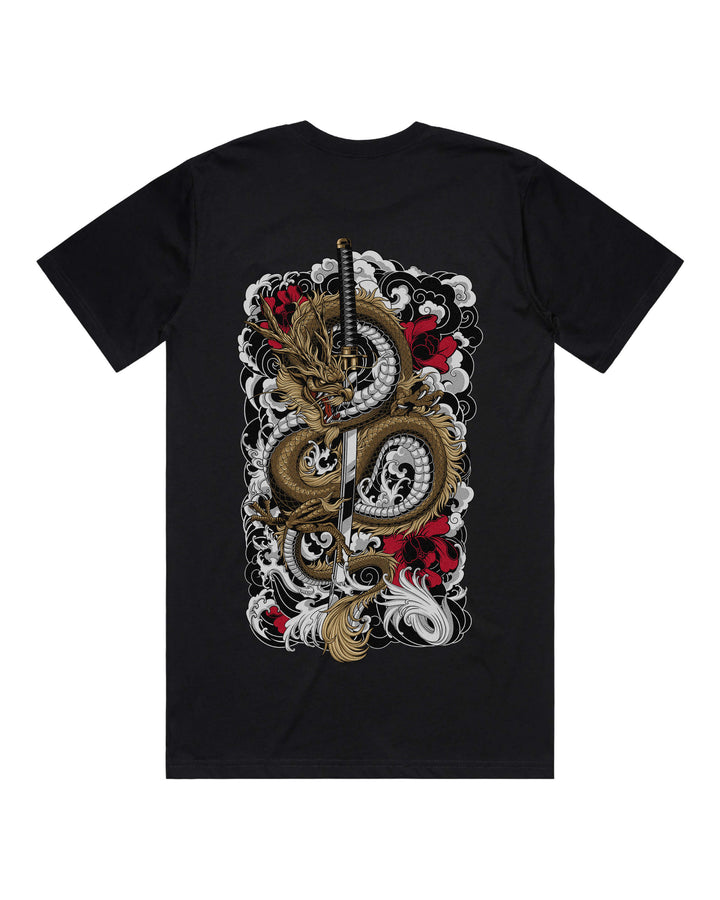 Black graphic t-shirt with large gold dragon coiled around katana sword back print