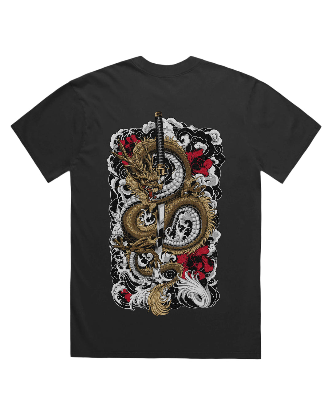 Black faded t-shirt with dragon coiling around a katana blade