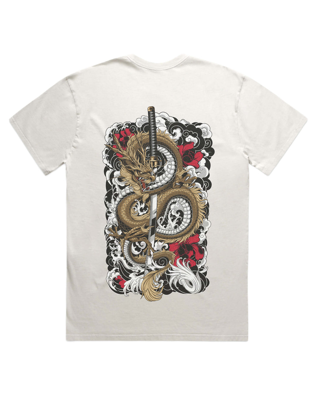 Bone faded t-shirt with dragon coiling around a katana blade
