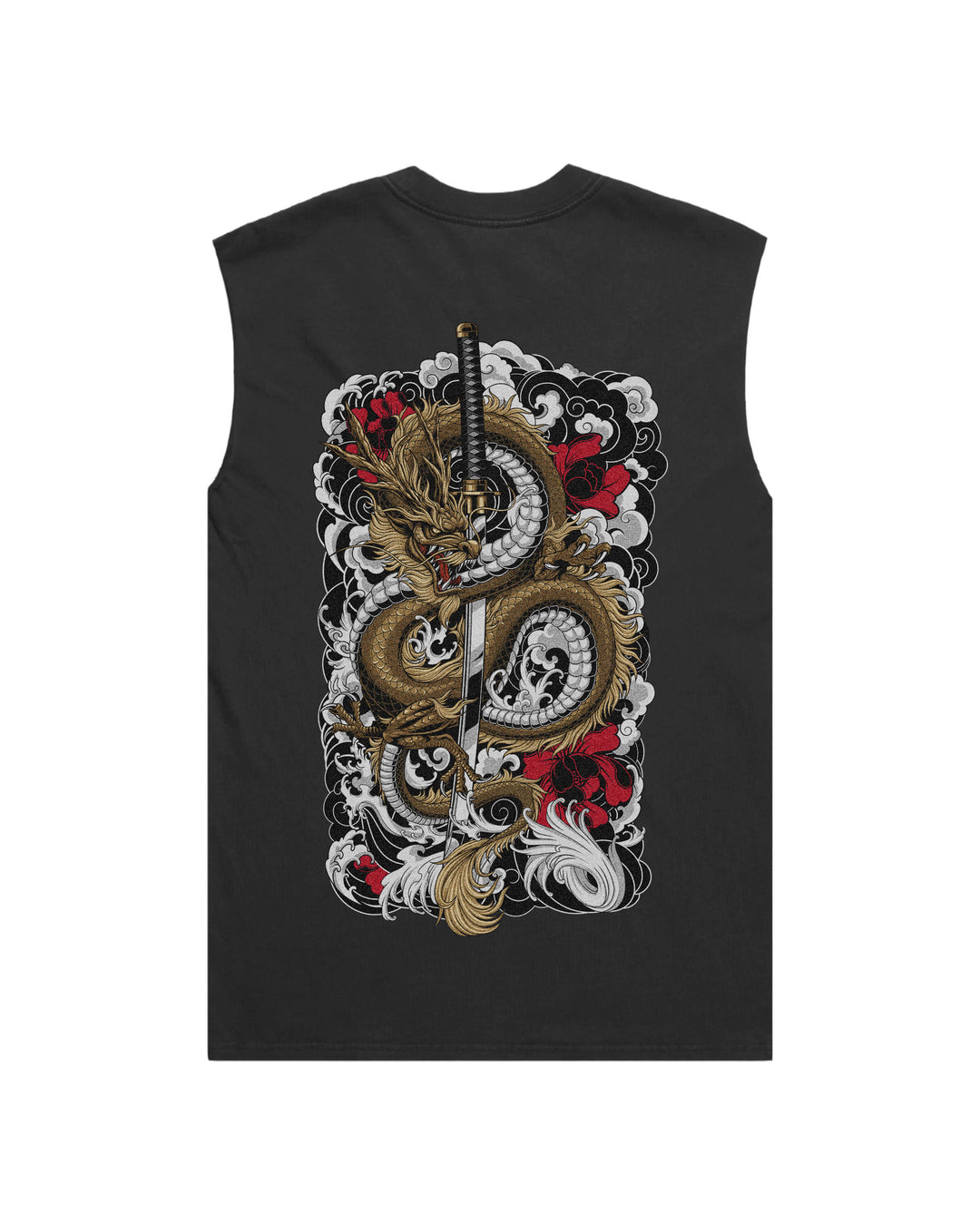 Faded black tank top with clouded dragon wrapping around katana sword