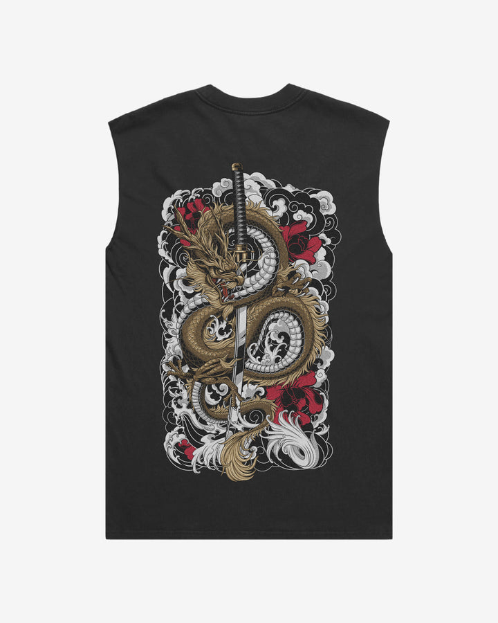 Clouded Dragon Faded Oversized Graphic Tank Top With Large Tattoo Inspired Graphic Print