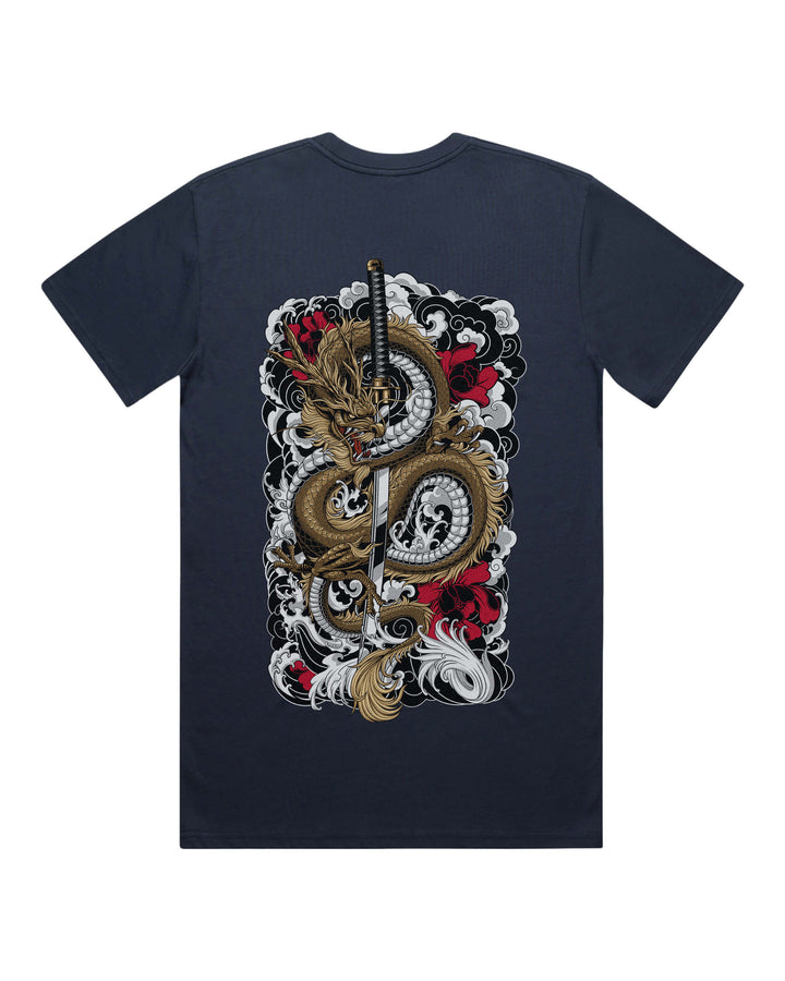 Midnight blue graphic t-shirt with large gold dragon coiled around katana sword back print
