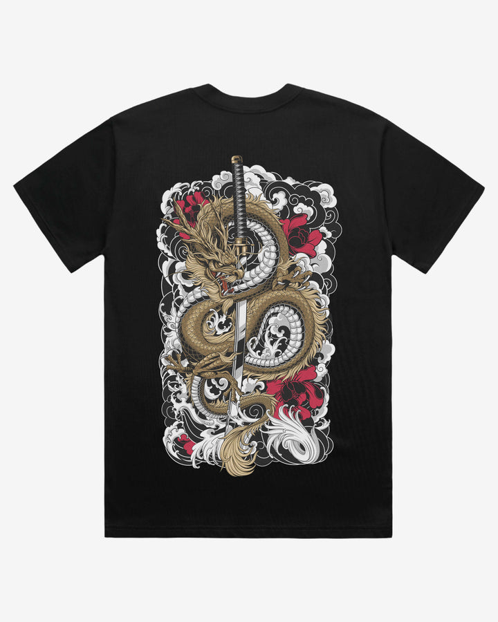 Black t-shirt with a dragon and sword design on a white background