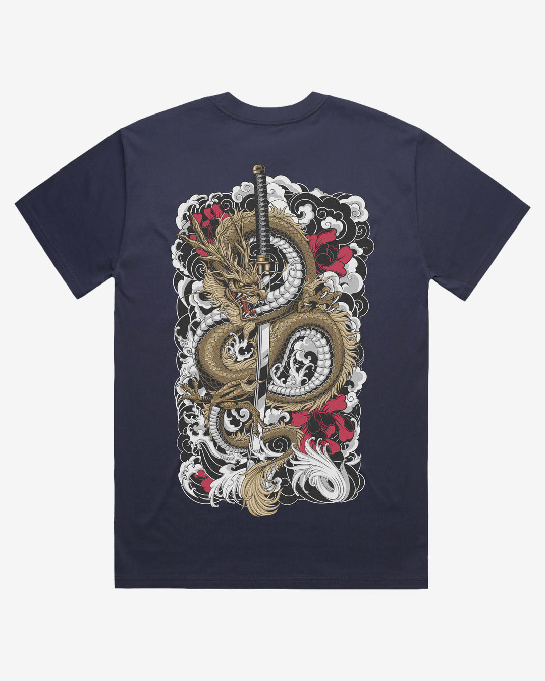 Blue t-shirt with a dragon and sword design on a white background