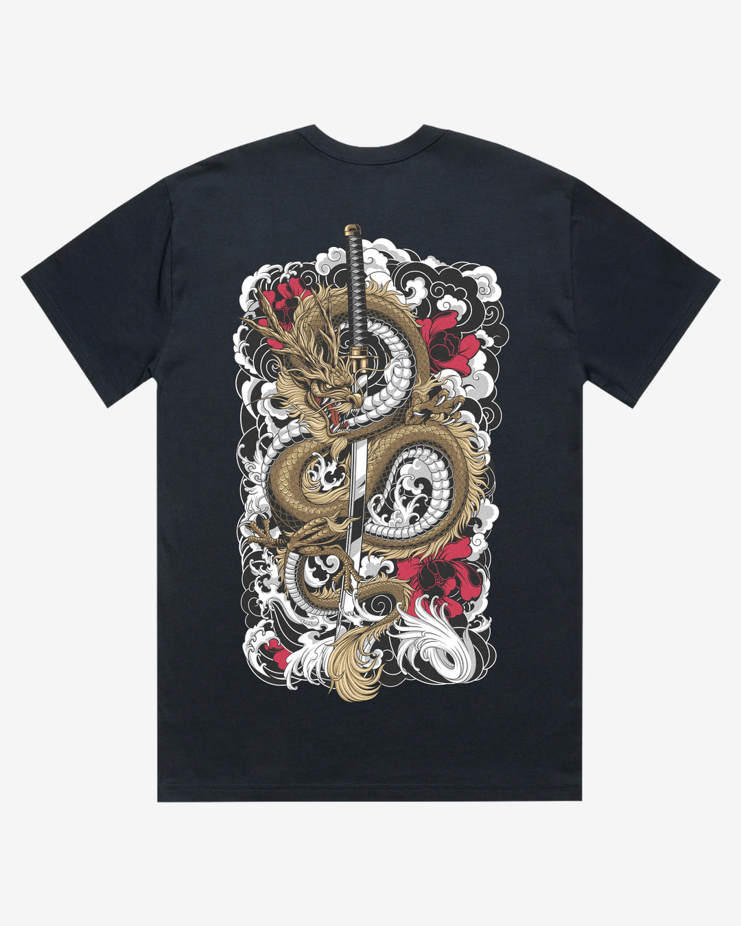 navy blue t-shirt with a dragon and sword design on a white background