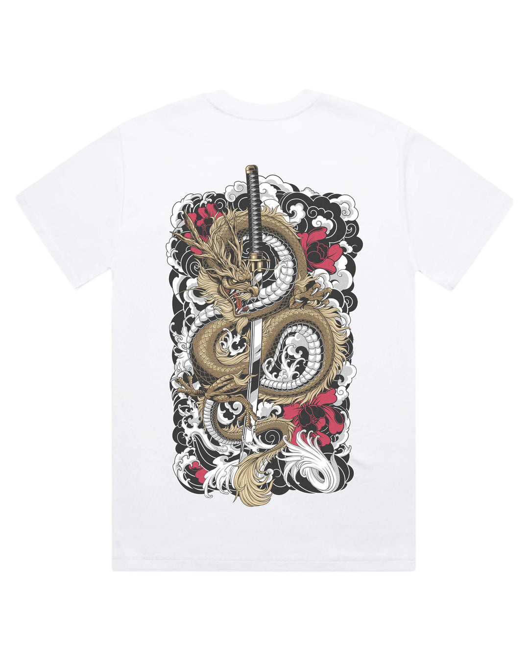 White t-shirt with a dragon and sword graphic design on a white background