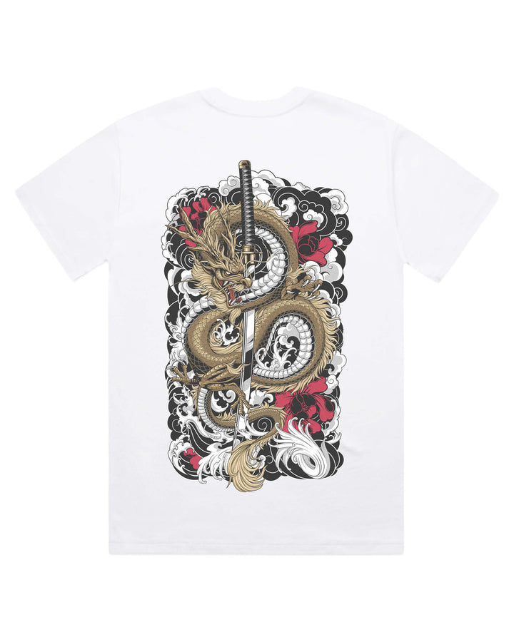 White t-shirt with a dragon and sword graphic design on a white background