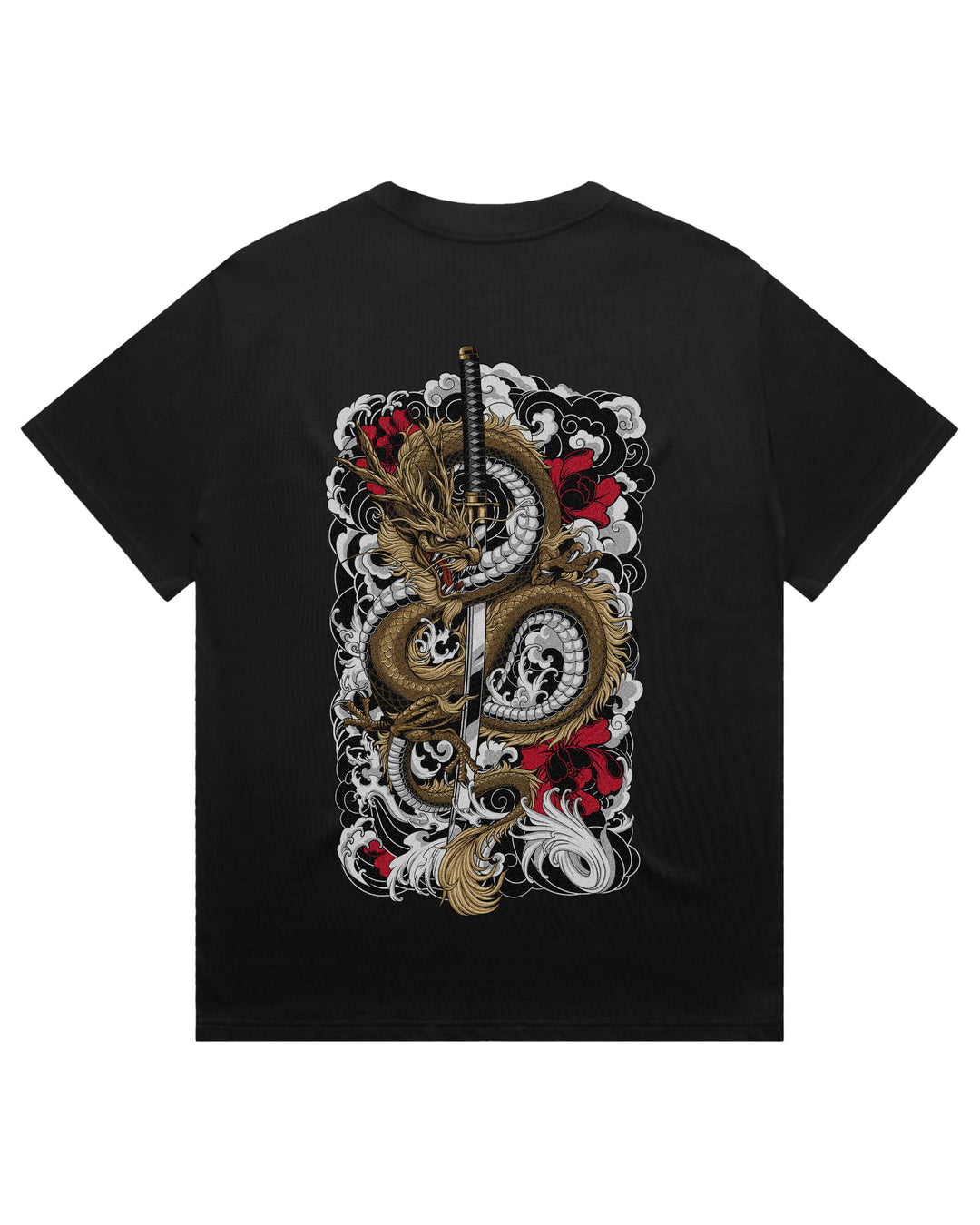 Oversized black t-shirt with dragon coiled around a katana graphic print