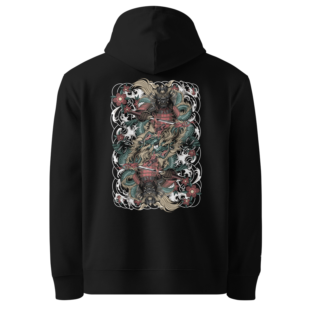 Clouded Ronin Card Shaper Graphic Hoodie in Black, featuring a mirrored samurai and dragon design with surrounding clouds