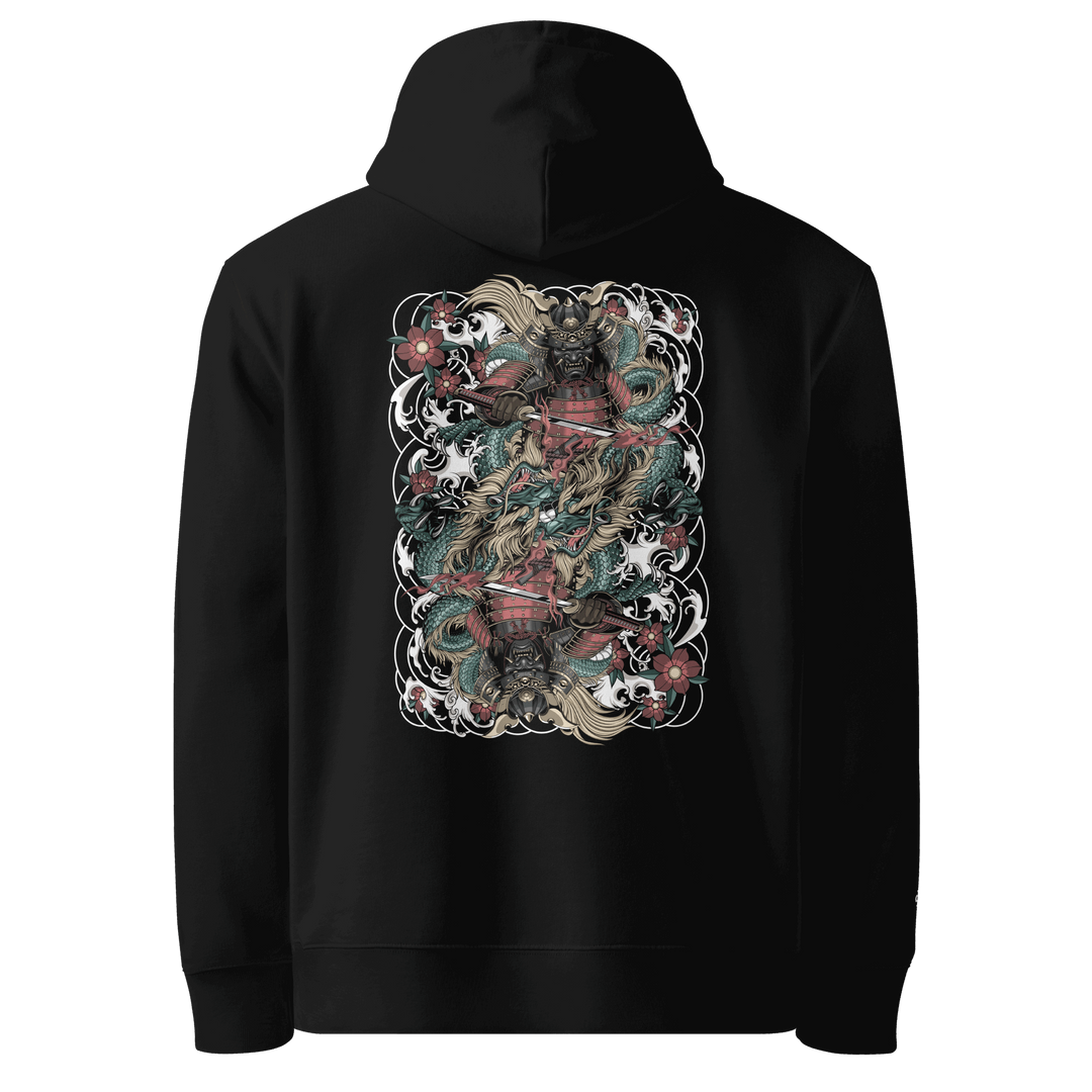 Clouded Ronin Card Shaper Graphic Hoodie in Black, featuring a mirrored samurai and dragon design with surrounding clouds