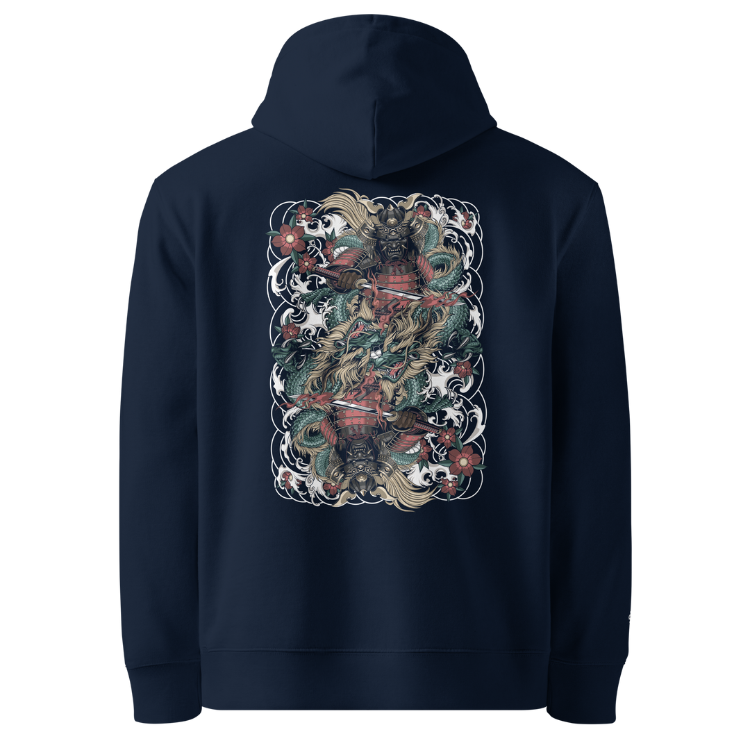 Clouded Ronin Card Shaper Graphic Hoodie in French Navy with a mirrored samurai and dragon design surrounded by clouds