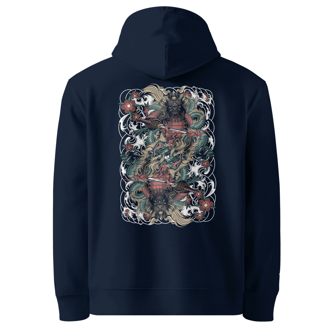 Clouded Ronin Card Shaper Graphic Hoodie in French Navy with a mirrored samurai and dragon design surrounded by clouds