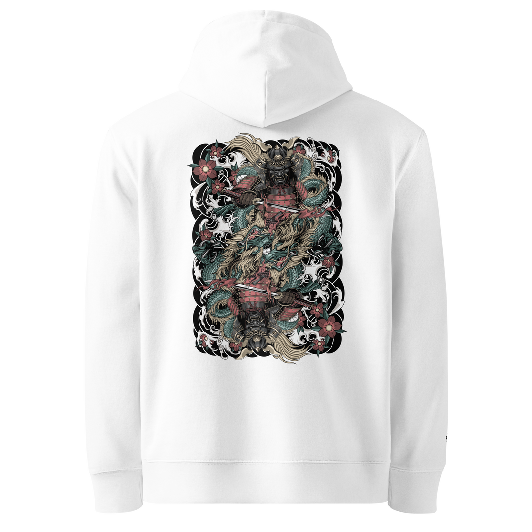 Clouded Ronin Card Shaper Graphic Hoodie in White, showcasing a mirrored samurai and dragon design surrounded by clouds